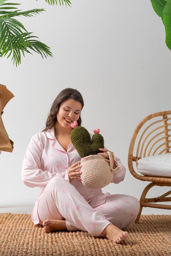 Uzun Kol Gömlek Yaka Kadın Pinterest Pijama Takımı - Mevsimlik Kadın Pijama- Büyük Beden - Image 1