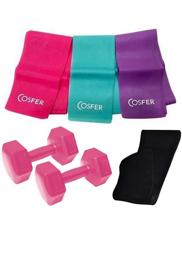 Cosfer 3 Lü Pilates Bandı Farklı Dirençte Plates Lastiği 120X7.5 Cm + 1Kg Dambıl + Termal Bel Kemeri - Image 1