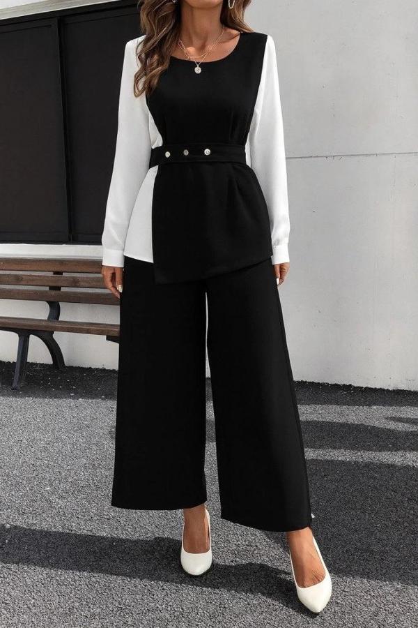 MDB Kadın Uzun Kollu Açık Yakalı çift Renkli Kemerli Ithal Krep Ikili Takım - Image 1