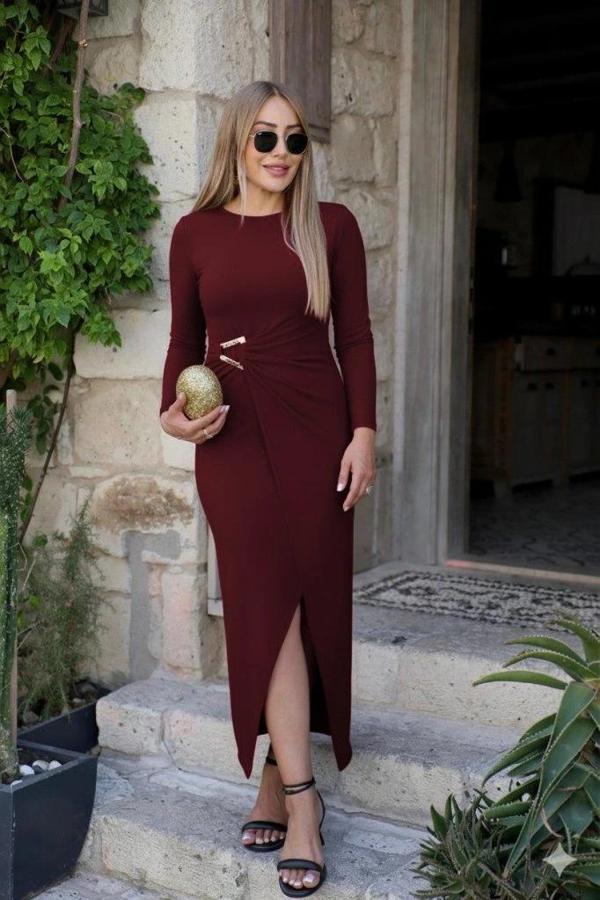 MDB Kadın Uzun Kollu önden çapraz Detaylı Yandan Toka Detaylı Uzun Sandy Elbise - Image 1