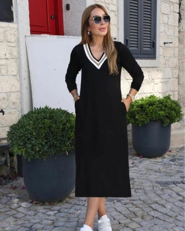 MDB Kadın Uzun Kollu V şerit Yakalı Viskon Iki Iplik Elbise - Image 1