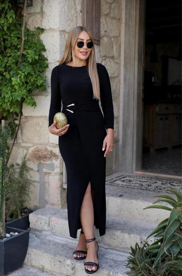 MDB Kadın Uzun Kollu önden çapraz Detaylı Yandan Toka Detaylı Uzun Sandy Elbise - Image 1