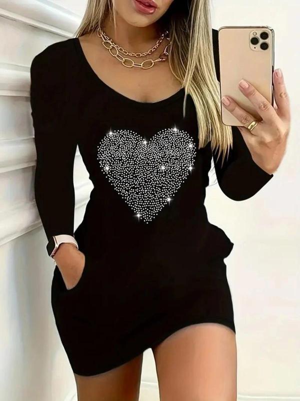 MDB Kadın Uzun Kollu Yuvarlak Yaka Taşlı Kalp Desenli Viskon Iki Iplik Elbise - Image 1