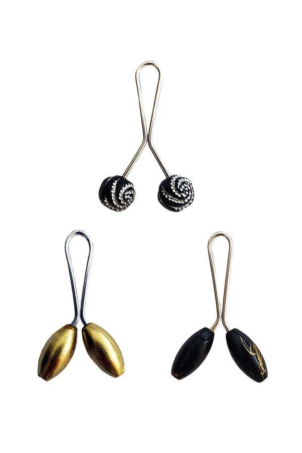 3 Adet Tesettür Eşarp ve Şal Klipsi Sarı Siyah Siyah Desenli - Image 1