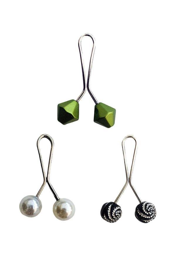 3 Adet Tesettür Eşarp ve Şal Klipsi İnci Beyaz Siyah Desenli Yeşil - Image 1