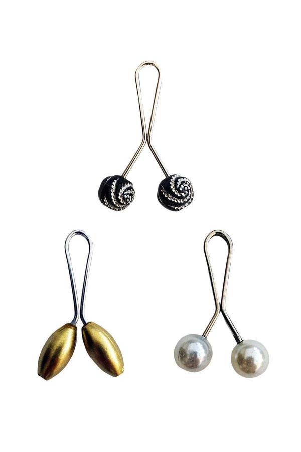 3 Adet Tesettür Eşarp ve Şal Klipsi Sarı İnci Beyaz Siyah Desenli - Image 1