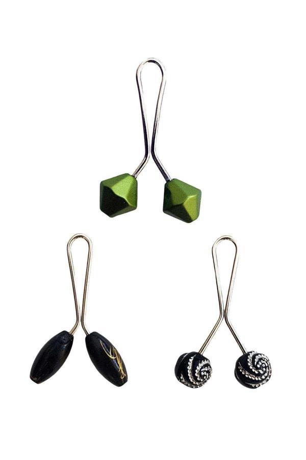 3 Adet Tesettür Eşarp ve Şal Klipsi Siyah Siyah Desenl Yeşil - Image 1