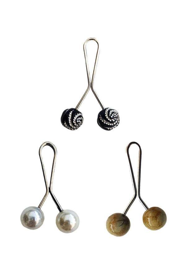 3 Adet Tesettür Eşarp ve Şal Klipsi İnci Beyaz Hardal Siyah Desenli - Image 1