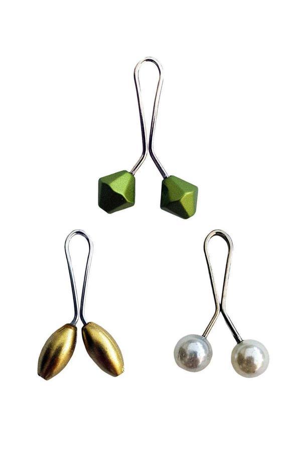 3 Adet Tesettür Eşarp ve Şal Klipsi Sarı İnci Beyaz Yeşil - Image 1