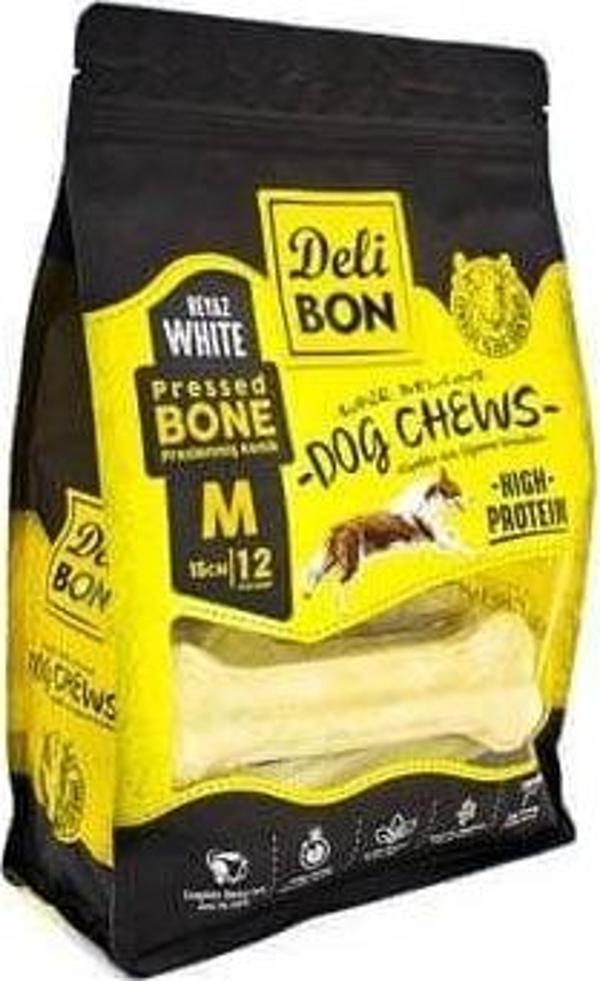 Delibon Deri Pres Kemik Köpek Ödülü Medium Beyaz 15 Cm 12 Adet - Image 1