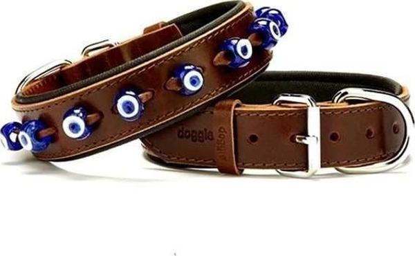 Doggie Comfort Deri Nazar Boncuklu Köpek Boyun Tasması Large Kahverengi 3.5x52-60 Cm - Image 1
