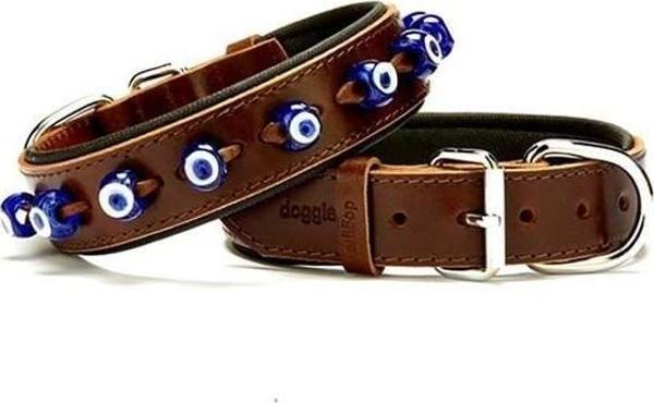 Doggie Comfort Deri Nazar Boncuklu Köpek Boyun Tasması Medium Kahverengi 3.5x47-55 Cm - Image 1