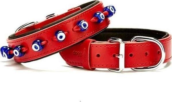 Doggie Comfort Deri Nazar Boncuklu Köpek Boyun Tasması Medium Kırmızı 3.5x47-55 Cm - Image 1