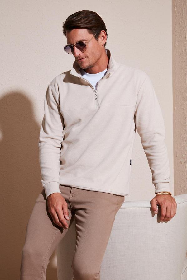 Buratti Pamuklu Regular Fit Yarım Fermuarlı Dik Yaka Erkek Kazak 456112 EKRU - Image 1