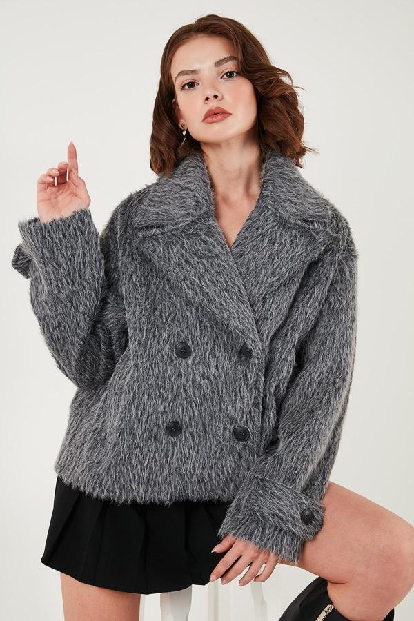 Lela Oversize Kruvaze Yaka Yumuşak Tüylü Düğmeli Astarlı Bayan Mont 6839659 ANTRASİT - Image 1