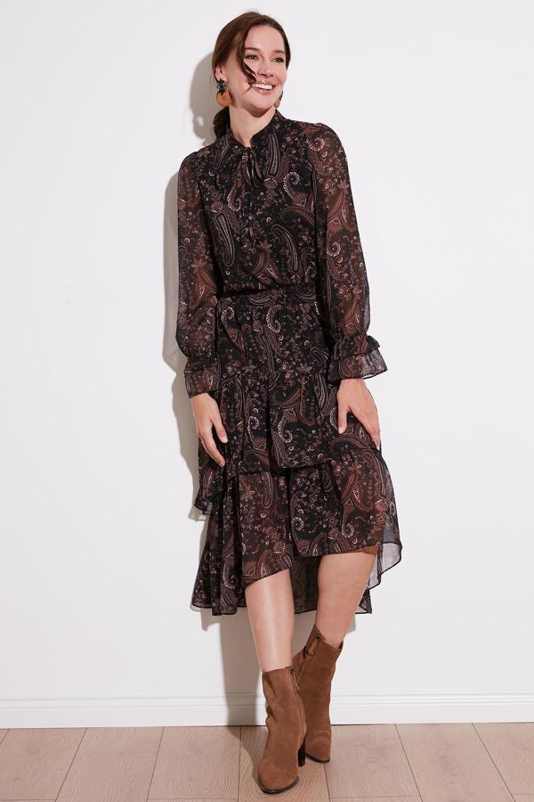 Lela Regular Fit Yaka Detaylı Volanlı Şifon Midi Bayan Elbise 611EL1448 SİYAH - Image 1