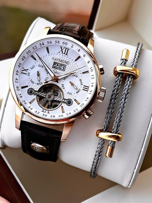Raymond Nişan Ve Damatlara Özel Deri Kordon 2 Yıl Garantili Otomatik Erkek Kol Saati+Bileklik RMD.M3 - Image 1