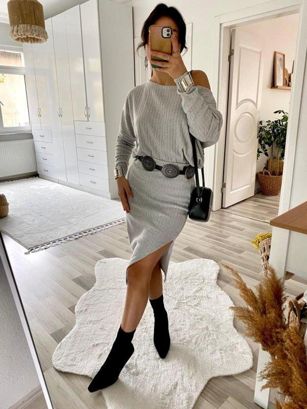 Kadın Uzun Kollu Düşük Omuz Yırtmaç Detay Kaşkorse Etek Bluz Ikili Takım - Image 1