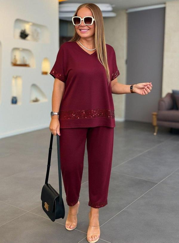 Kadın Kısa Kollu V Yakalı Pul Payetli Viskon Iki Iplik Bluz Ve Pantolon Ikili Takım - Image 1