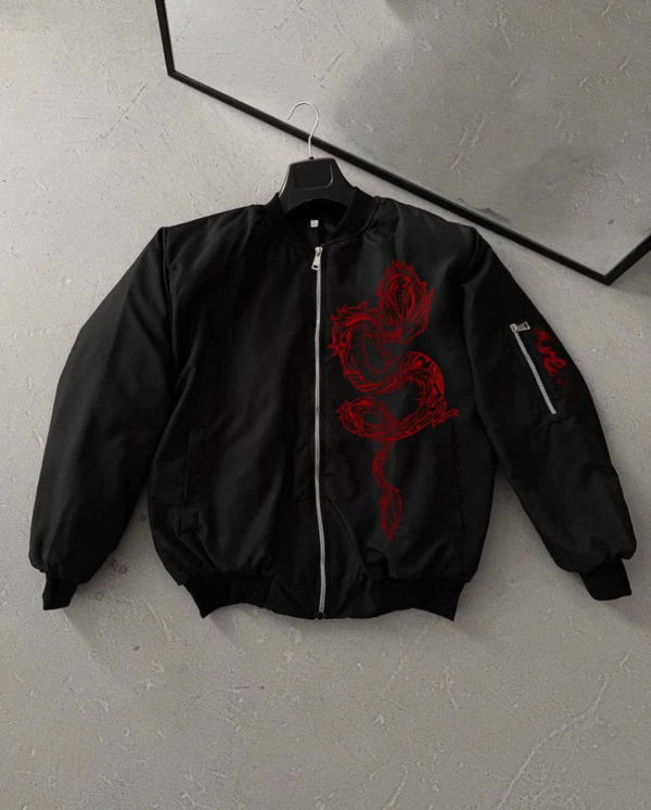 Tam Fermuarlı Uzun Kol Baskılı Bomber Ceket - Siyah - Image 1