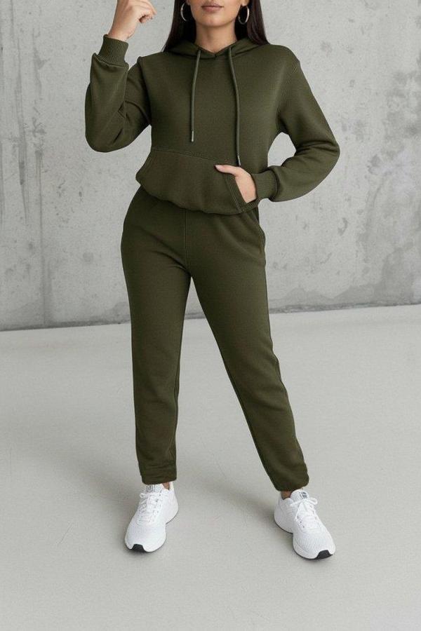 Kadın Uzun Kollu Kapşonlu Bağcıklı üç Iplik Bluz Ve Pantolon Ikili Takım - Image 1