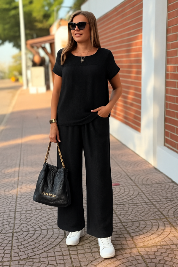 Kadın Kısa Kollu Yakası Açık Aerobin Bluz Ve Pantolon Ikili Takım - Image 1