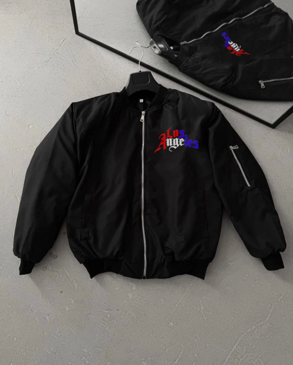 Tam Fermuarlı Uzun Kol Baskılı Bomber Ceket - Siyah - Image 1