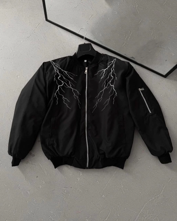 Yıldırım Baskılı Uzun Kol Bomber Ceket - Siyah - Image 1