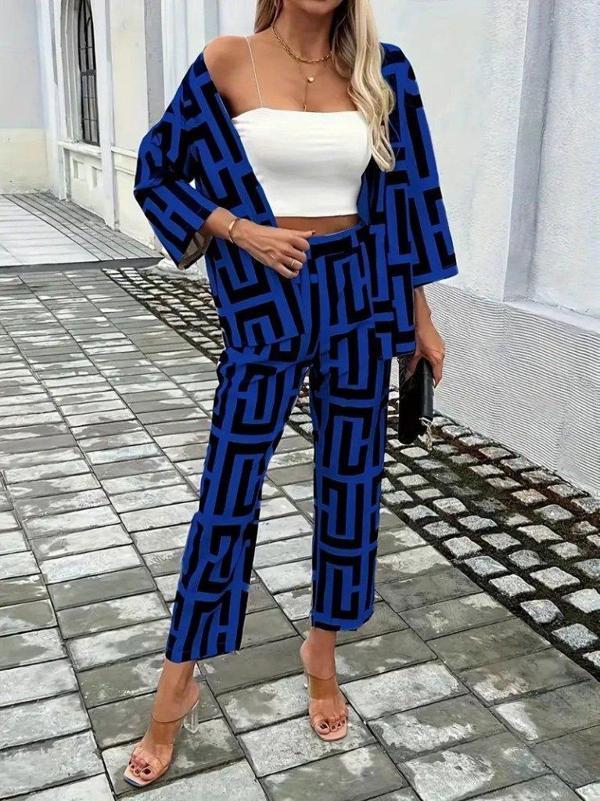 Kadın Uzun Kollu önü Açık Desenli Iki Iplik Ceket Ve Pantolon Ikili Takım - Image 1