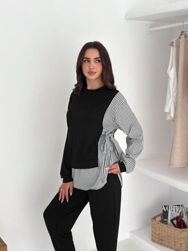 Kadın Gömlek Detay çizgili Yandan Bağlamalı Ikili Takım - Image 1