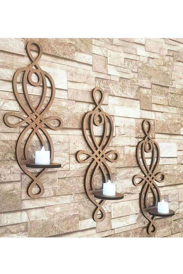 3 Lü Ahşap Mumluk, Dekoratif - Image 1