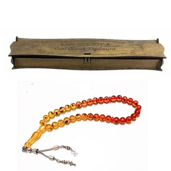 Kişiye Özel Kutulu Renk Süzmesi Karınca Fosilli Toz Kehribar Tesbih – İsim Baş Harfli Şık Erkek Tesbih - Image 1