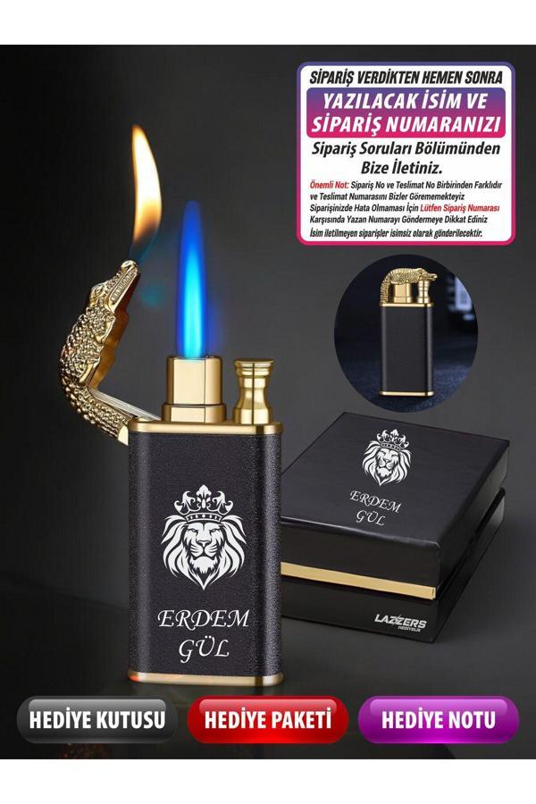 Lazzers Hediyelik Kişiye Özel İsimli Lüks Kutulu Çift Ateşli Aslan Tasarım Timsah Çakmak - Image 1