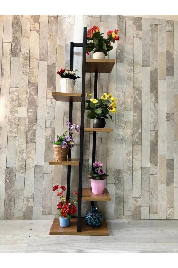 Siyah Metal Çerçeveli, Ahşap Raflı 6 Bölmeli Çiçeklik - Image 1