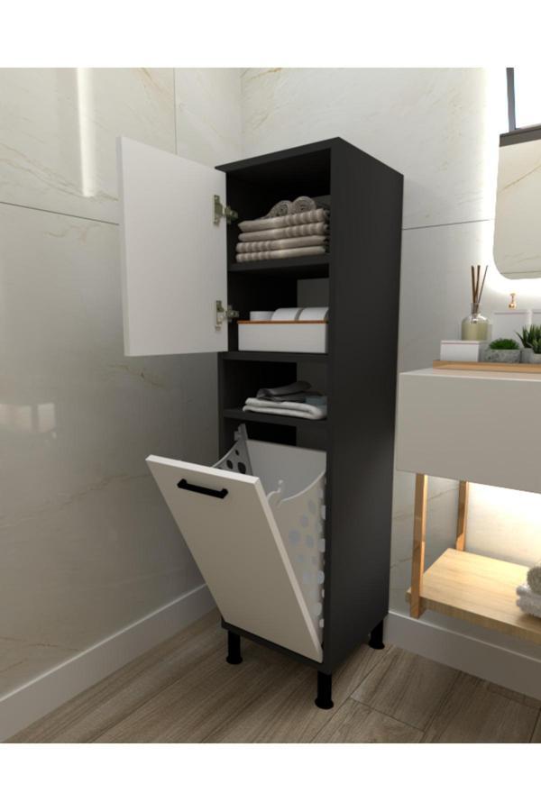 Home Mobiga Linda Çamaşır Sepetli Çok Amaçlı Banyo Dolabı Antrasit-Beyaz - Image 1