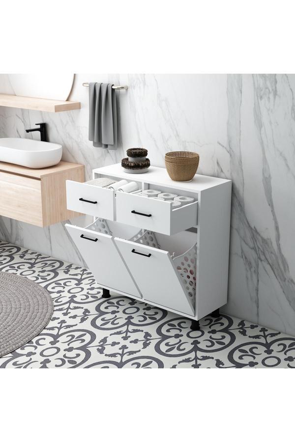 Home Mobiga Molde Çamaşır Kirli Sepetli Çekmeceli Banyo Dolabı Beyaz - Image 1