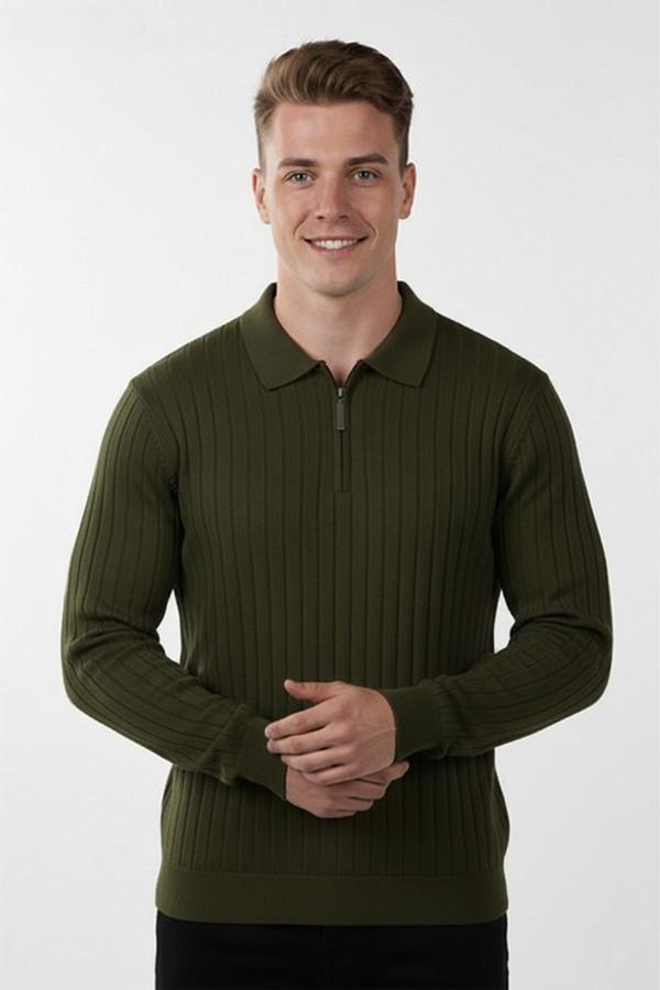 DeepSEA Erkek Haki Slim Fit Polo Yaka Triko Kazak - Yumuşak Dokulu Esnek ve Şık Görünüm 2605305 - Image 1