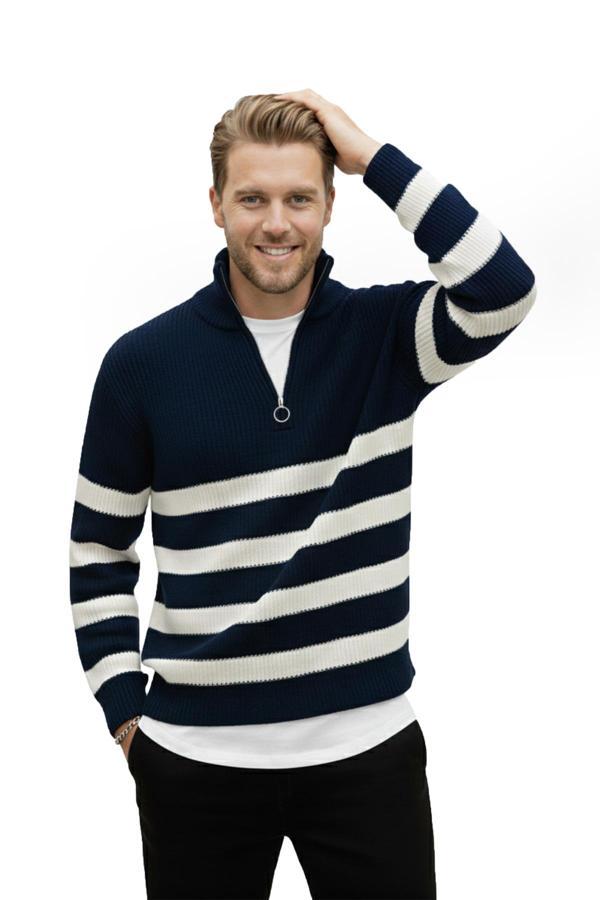 DeepSEA Erkek Lacivert Yarım Fermuarlı Oversize Kesim Triko Kazak Pamuklu Yumuşak Örgü Çizgili Kazak 2608513 - Image 1