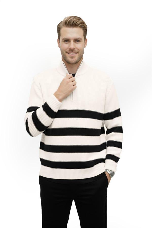 DeepSEA Erkek Ekru Yarım Fermuarlı Oversize Kesim Triko Kazak Pamuklu Yumuşak Örgü Çizgili Kazak 2608513 - Image 1