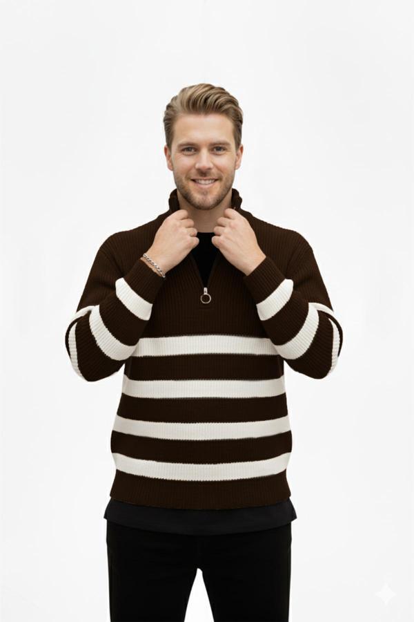 DeepSEA Erkek Kahve Yarım Fermuarlı Oversize Kesim Triko Kazak Pamuklu Yumuşak Örgü Çizgili Kazak 2608513 - Image 1