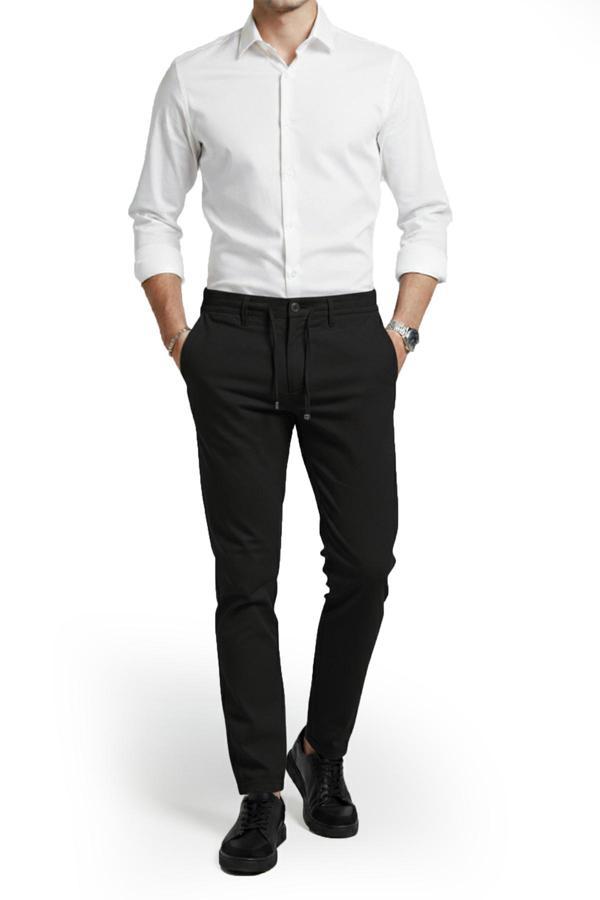 DeepSEA Erkek Siyah Likralı Gofre Kumaş Beli Lastikli İpli Slim Fit Günlük Pantolon 2600650 - Image 1