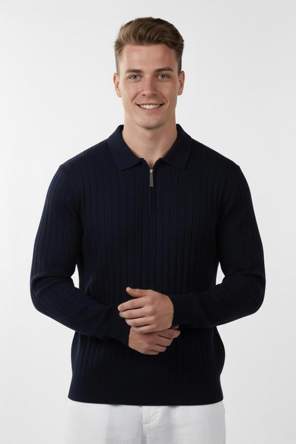 DeepSEA Erkek Lacivert Slim Fit Polo Yaka Triko Kazak - Yumuşak Dokulu Esnek ve Şık Görünüm 2605305 - Image 1