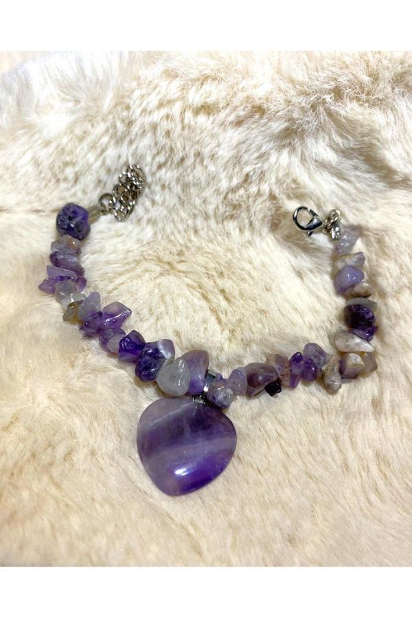 Taşmeran Ametist Kalp Uçlu Kırıktaş Doğal Taş Bileklik Tky0294 - Image 1