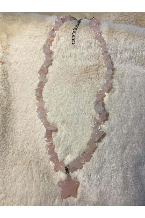 Taşmeran Pembe Kuvars Yıldız Uçlu Kırıktaş Doğal Taş Kolye Tky0323 - Image 1