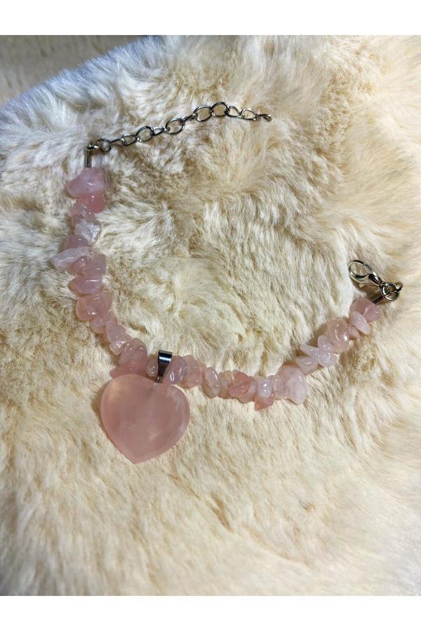 Taşmeran Pembe Kuvars Kalp Uçlu Kırıktaş Doğal Taş Bileklik Tky0295 - Image 1