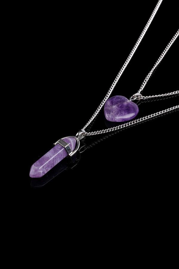 Taşmeran Ametist Doğal Taş Çivi-Kalpli Çift Sevgili Kolyeleri Tky0284 - Image 1