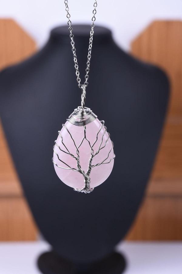 Taşmeran Kadın Pembe Kuvars Doğal Taş Tel Sarmalı Damla Kolye - Image 1