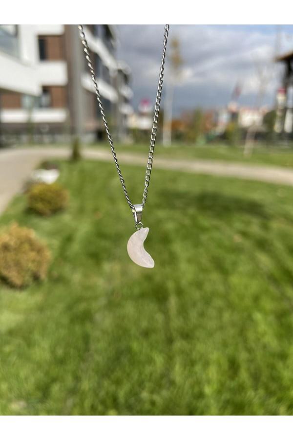 Taşmeran Pembe Kuvars Hilal Doğal Taş Kolye Tky0357 - Image 1