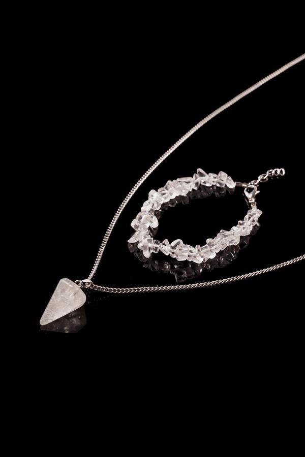 Taşmeran Kristal Kuvars Kırık Doğal Taş Bileklik Ve Doğal Taş Pandül Kolye Seti Tky0247 - Image 1