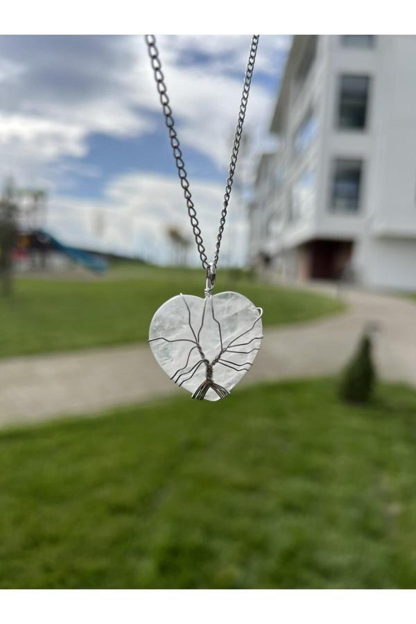 Taşmeran Kristal Kuvars Telli Büyük Kalp Doğal Taş Kolye Tky0373 - Image 1